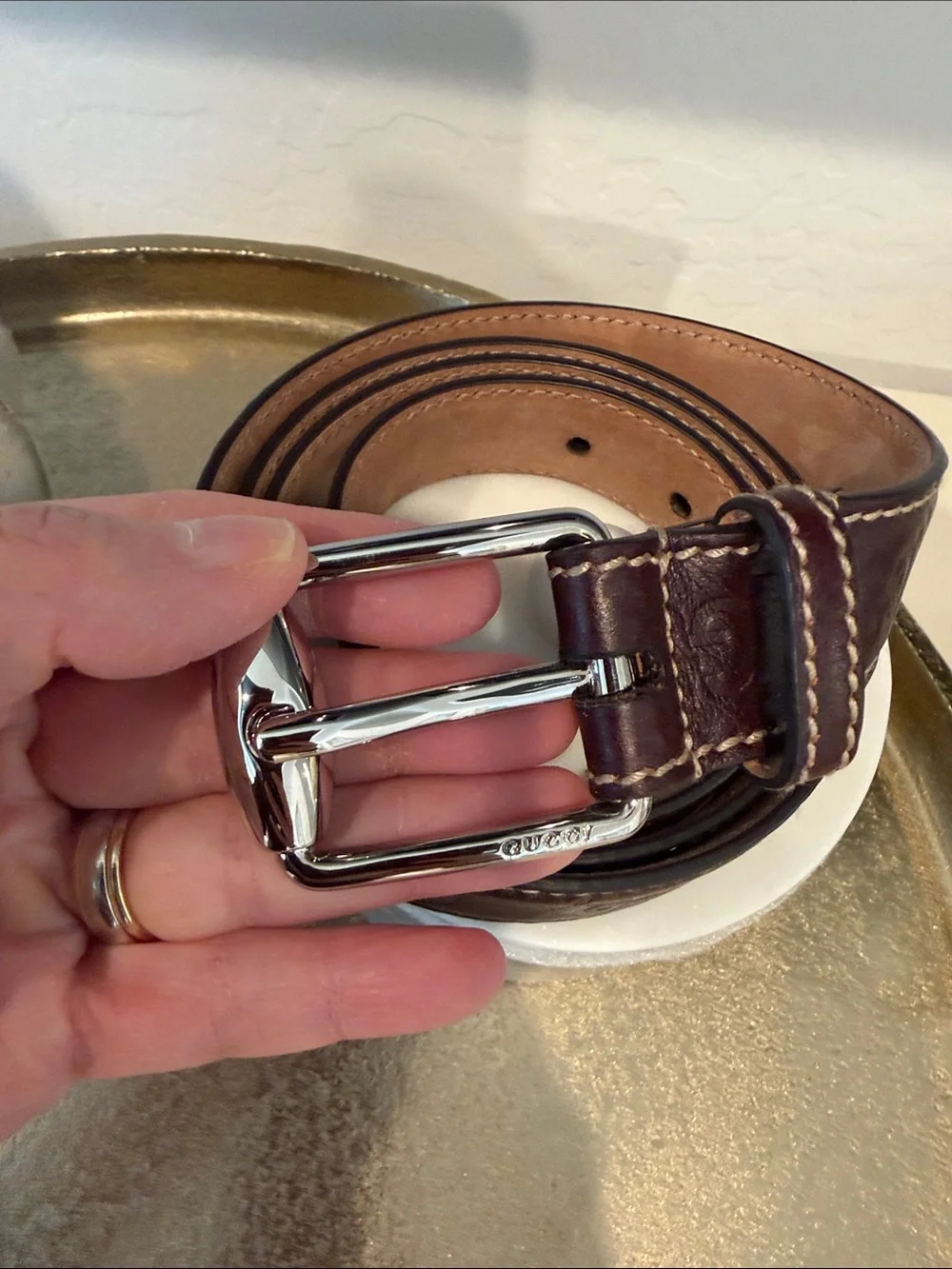 Gucci Brown Leather Belt with Silver-Tone Buckle Size 105- 42